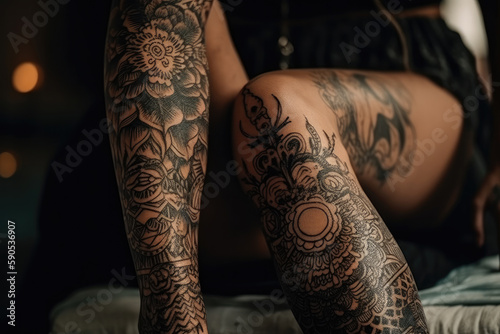 tattoos on woman legs created with Generative AI technology