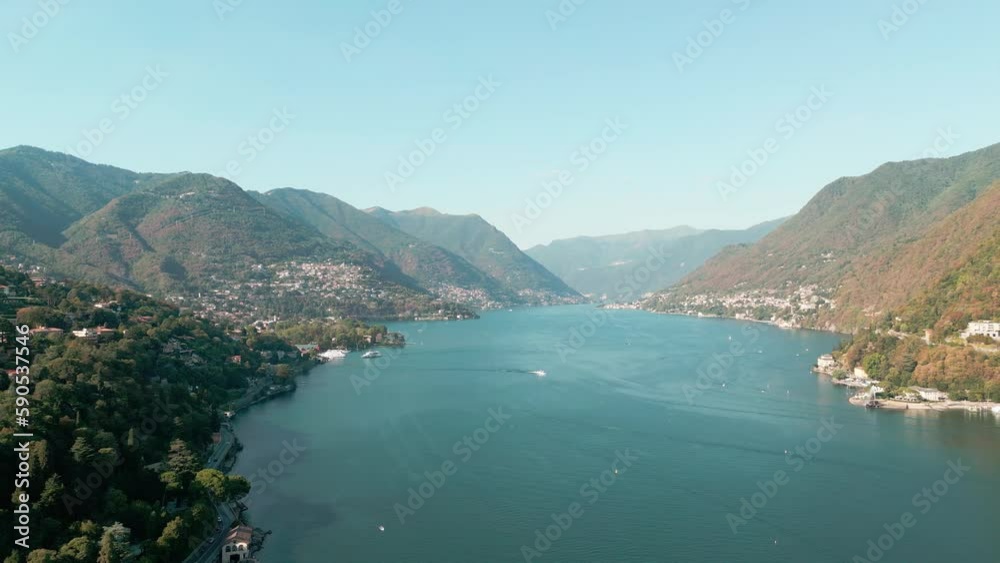 Aerial drone video of famous beautiful village of Como in lake Como in Europe, Lombardy, Italy. Aerial drone video of famous beautiful village of Como in lake Como in Europe, Lombardy, Italy.