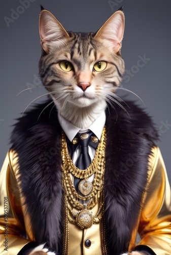 Anthropomorphic fashion cat in stylish clothes and jewelry. Successful and rich cat portrait. Luxury concept. generative ai