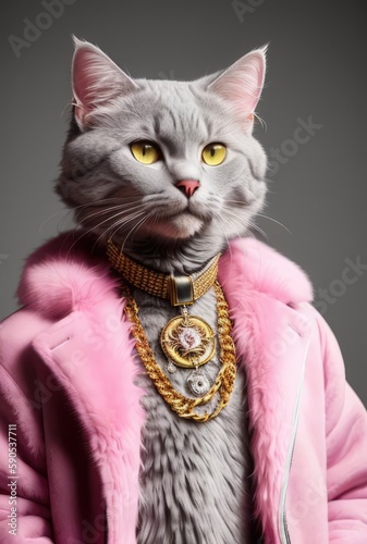Anthropomorphic fashion gray cat in pink fur coat. Successful and rich cat portrait. Rich artist concept. generative ai