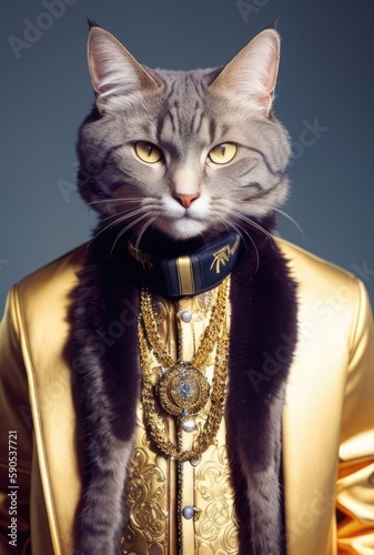 Anthropomorphic cat in golden jacket and jewelry. Successful and rich cat portrait. Luxury concept. Animal rap artist. generative ai