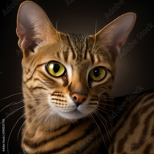 Studio shot with cute ocicat cat portrait with the curiosity and innocent look as concept of modern happy domestic pet in ravishing hyper realistic detail by Generative AI. photo