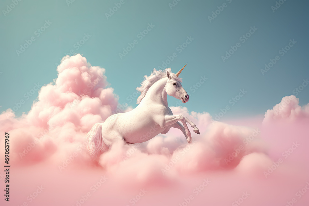 Fototapeta premium a Write unicorn riding a pink candy cotton cloud