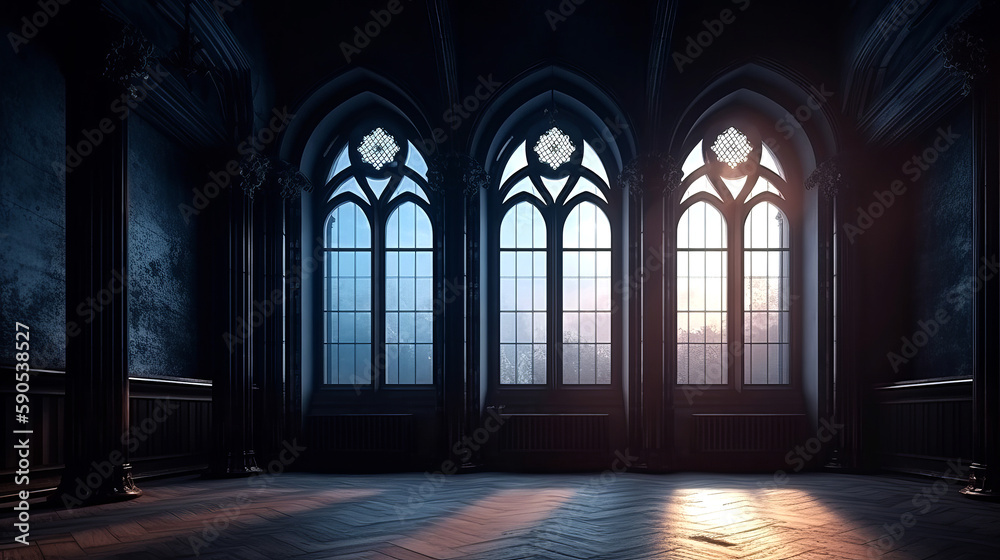 Fototapeta premium Empty dark room in gothic style with large windows