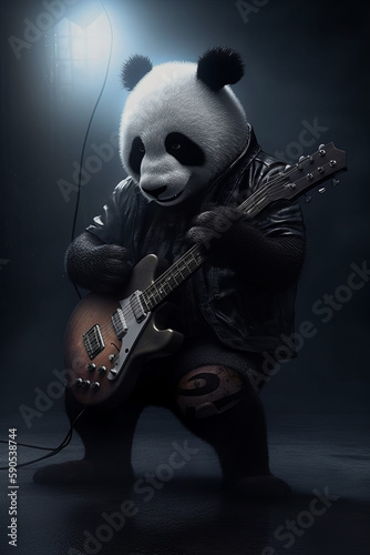 panda rock star with electric guitar