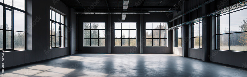 grey room with black ceiling and window sill. grey vacant building floor or some facility. Space for small offices, schools restaurants. wide format. Generative AI. grey room with black ceiling and window sill. grey vacant building floor or some facility. Space for small offices, schools restaurants. wide format. Generative AI.
