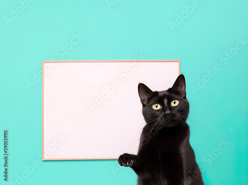 A cute black cat with blank whiteboard on isolated green color background, playful and adorable pet, generative ai