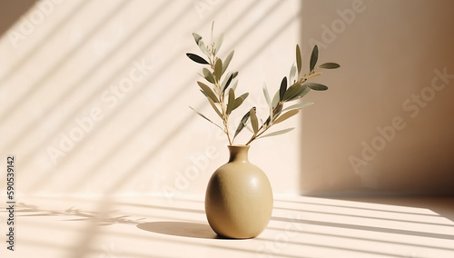 Modern summer minimal of olive tree branch in sunlight with long shadows on beige wall background, copy space interior lifestyle Mediterranean scene, generative ai