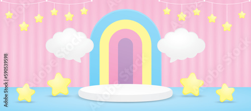 cute kawaii colorful rainbow arch display and podium with cloud speech bubble and hanging stars 3d illustration vector for putting product or object 