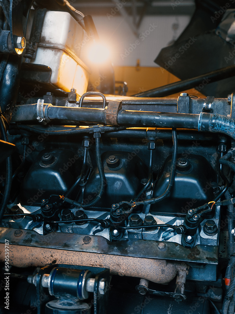 It's truck or tractor engine close-up. Repair and restoration of automotive equipment..