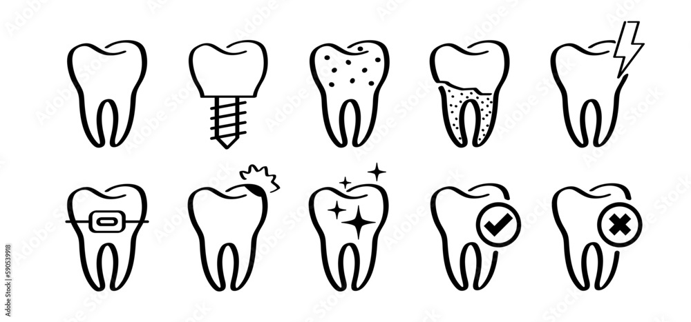 Cartoon healthy, tooth with gums. Molar line pattern. Vector drawing