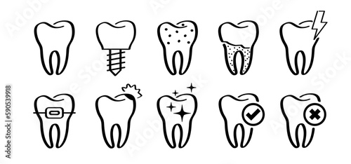 Cartoon healthy, tooth with gums. Molar line pattern. Vector drawing silhouette icon. Damage teeth or tooth with caries. Cracked tooth, mouth and dental, damaged. Strong enamel, disease.