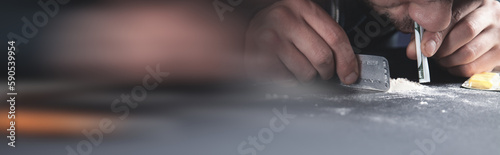 Drug addict taking cocaine. Addiction