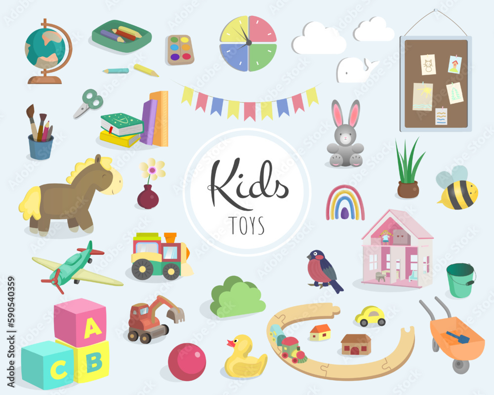 Big set of kid toys, chalkboard, pencils, drawings, books, cubes and wall decor. Сhildish сolored vector illustration.