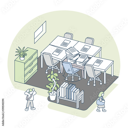 The papers are piled up on only one person's desk, creating an unequal situation.