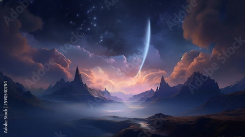 a landscape that takes place in the heavens, with clouds, stars, and constellations.