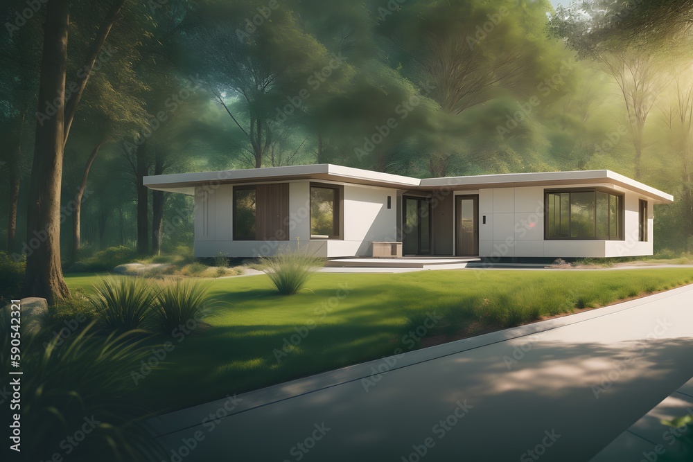 A futuristic illustration of a contemporary 3D printed sea ranch style eco house. Ai generative.