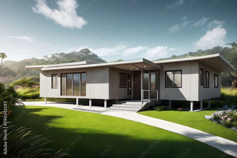 A futuristic illustration of a contemporary 3D printed sea ranch style eco house. Ai generative.