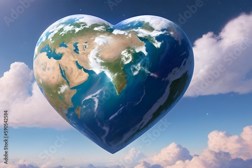A heart-shaped globe flying in the sky against a background of clouds. A concept for Earth Day, ecology, care for the environment. AI generative. © Ivan