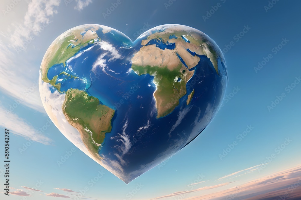A heart-shaped globe flying in the sky against a background of clouds. A concept for Earth Day, ecology, care for the environment. AI generative. A heart-shaped globe flying in the sky against a background of clouds. A concept for Earth Day, ecology, care for the environment. AI generative.