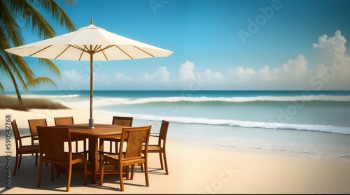 Table under the beach umbrella  outdoor cafe against the sea. Illustration for vacation and travel advertising. AI generative.