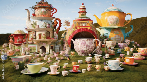 Giant tea party: create a Wonderland landscape that features a giant tea party, with oversized teapots, teacups, and plates. The landscape can be filled with whimsical elements such as talking flowers