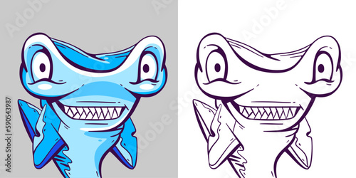 Vector cartoon character funny toothy hammerhead shark.