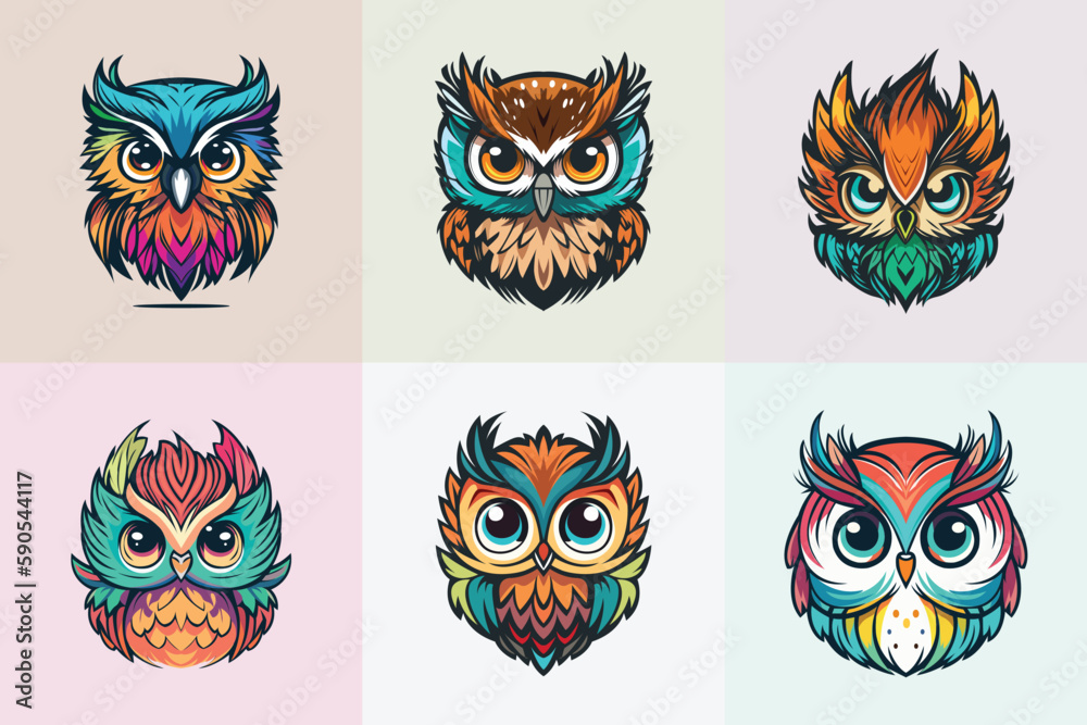 Owl illustrations icon mascot collection in colorful 
