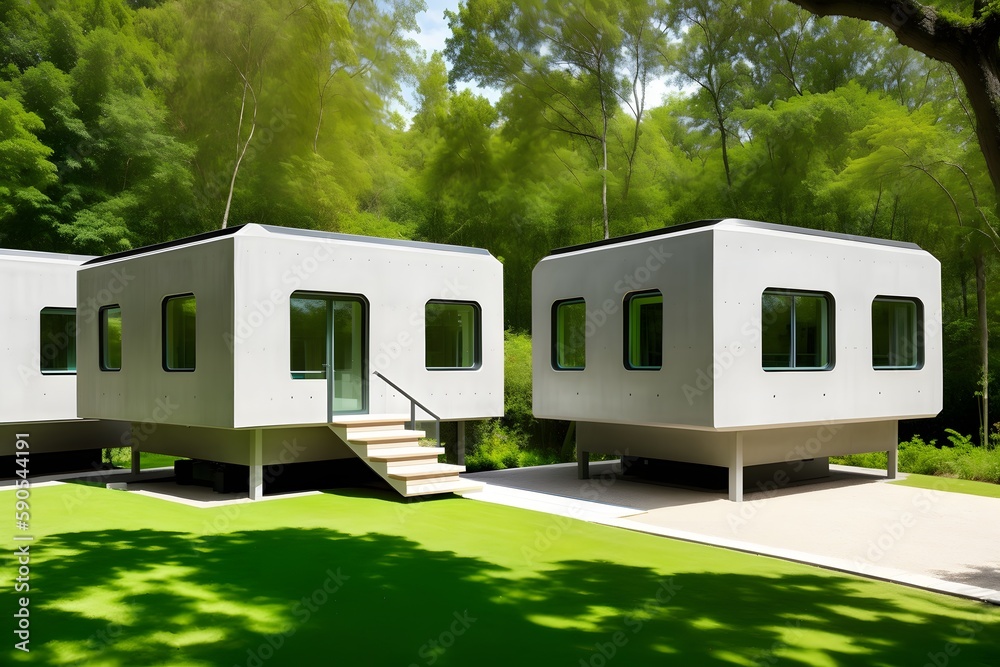 A futuristic illustration of an eco-community neighborhood of innovative contemporary 3D printed sea ranch style cabins. Ai generative. A futuristic illustration of an eco-community neighborhood of innovative contemporary 3D printed sea ranch style cabins. Ai generative.