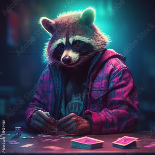 Neon raccoon playing poker