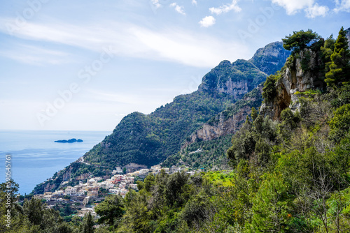 View over the rocky landscape around the town of Positano on Italy's Amalfi Coast.