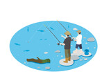 川で釣りをする親子のイラスト　アイソメトリック