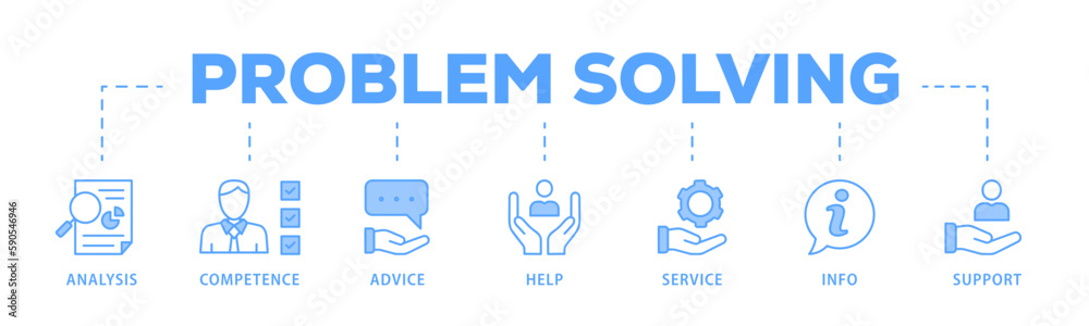 Problem solving banner web icon vector illustration concept with icon of analysis, competence, advice, help, service, info, and support
