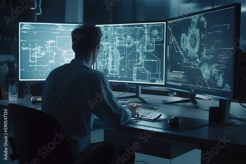 Computer Engineer Working in Front of Monitor in Blue Lit Office on Computer Aided Engineering CAEMade with Generative AI