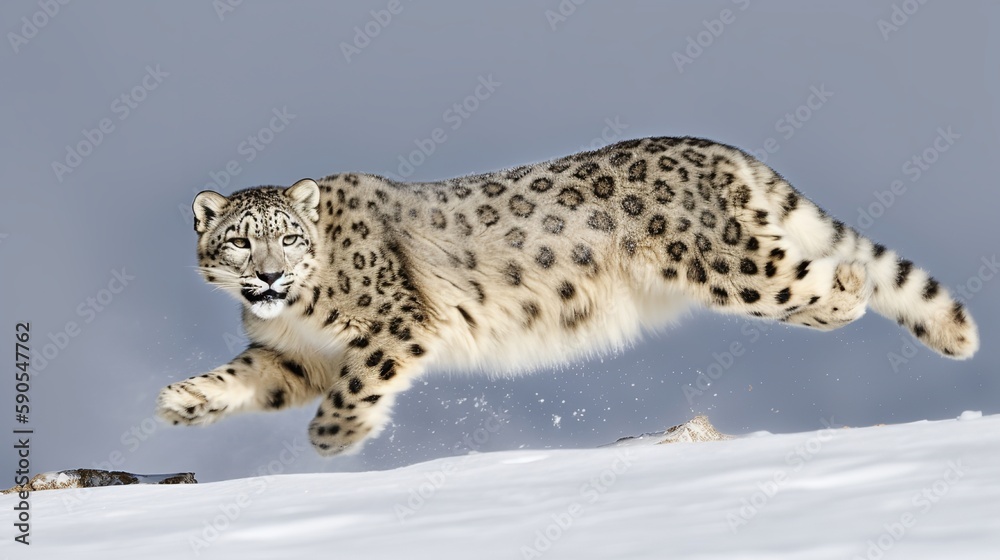 Fototapeta premium A Snow Leopard leaping through the air