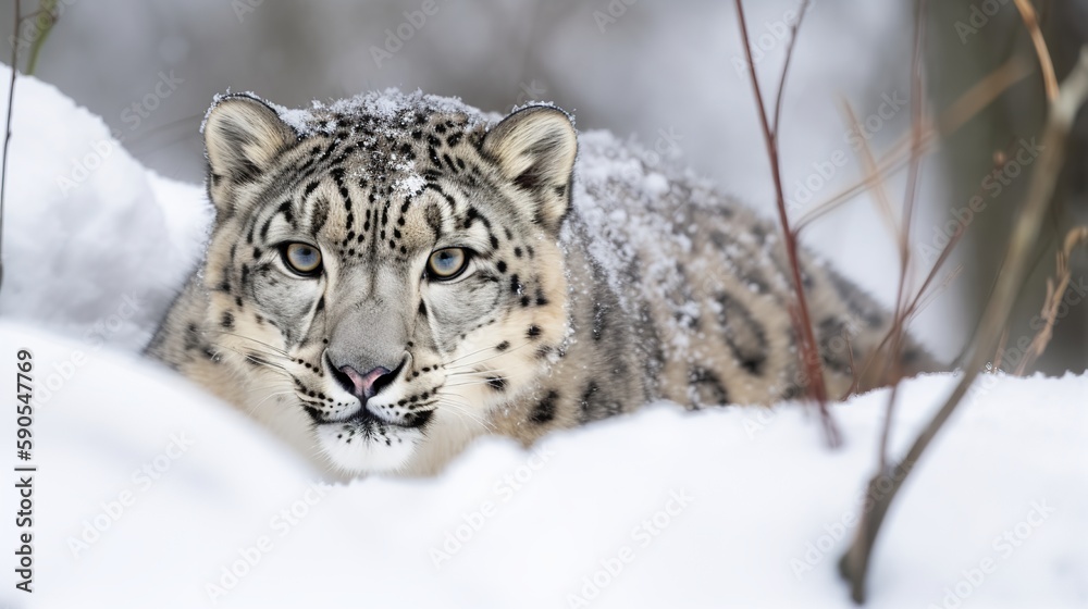 Fototapeta premium A Snow Leopard hiding in the snow