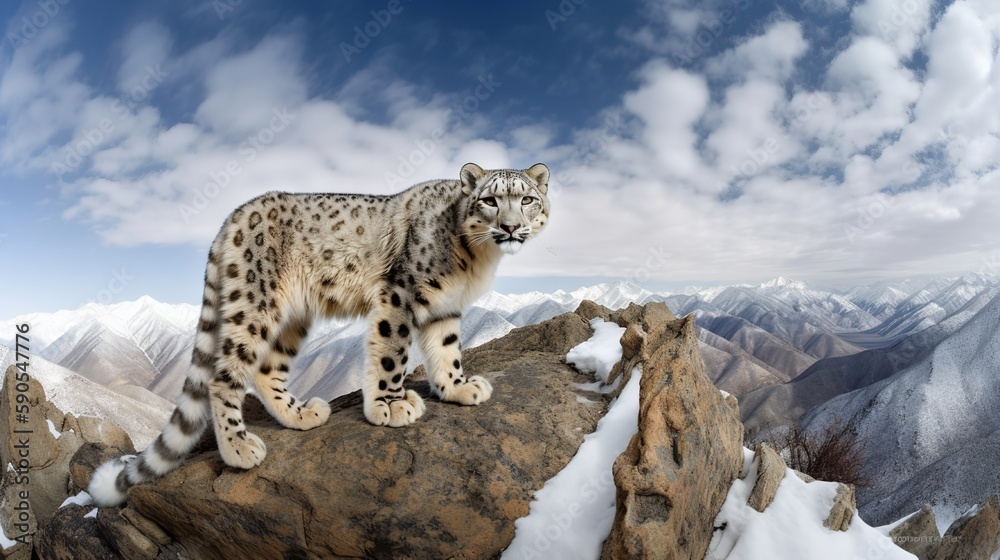 Fototapeta premium A Snow Leopard perched on a rocky outcrop