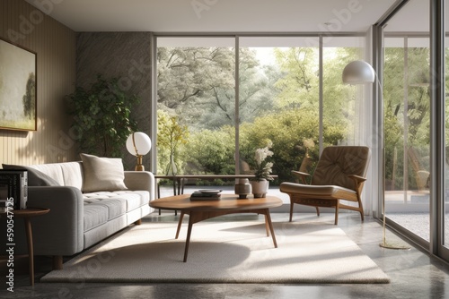 Clean Family Room Interior with Mid Century Furniture and Modern Tall Windows Made with Generative AI