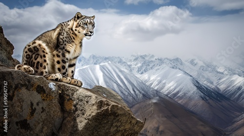 A Snow Leopard perched on a rocky outcrop