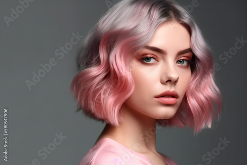 Fotobehang Digital painting model girl with pink bob hair, people, portraits, Generative AI