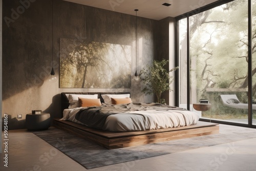 Industrial Summer Bedroom Loft with Concrete Wall and Modern Nature Views Made with Generative AI