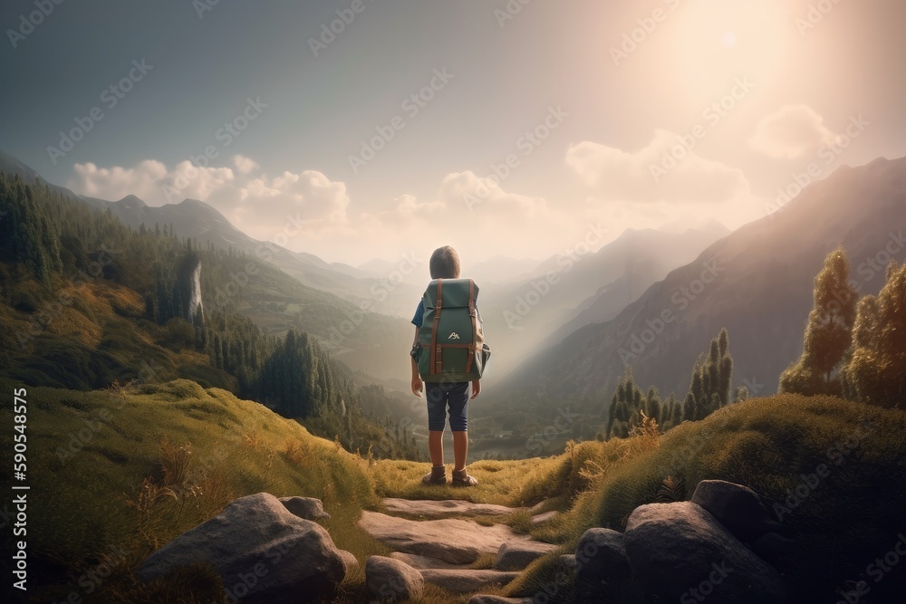 Obraz premium Spring Mountain Views with Young Hiker Overlooking The Landscape Made with Generative AI
