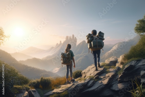Spring Duo Hikers with Gear with Mountain Landscape Views Made with Generative AI