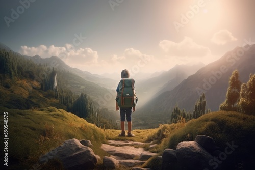 Spring Mountain Views with Young Hiker Overlooking The Landscape Made with Generative AI