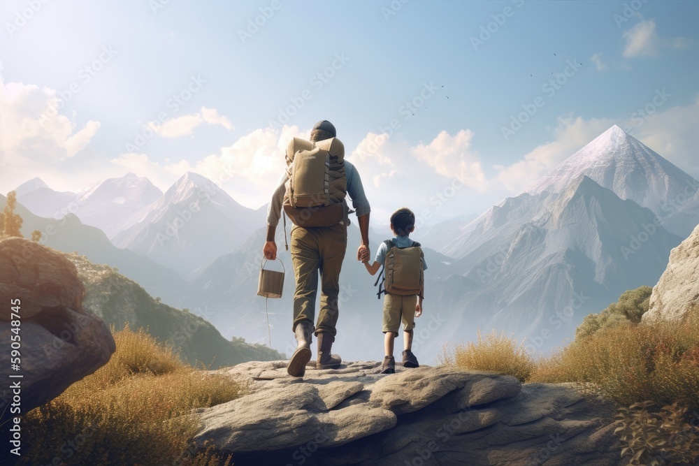 Obraz premium Son and Father Hiking Together at The Top of The Mountains with Scenic Jungle Views Made with Generative AI