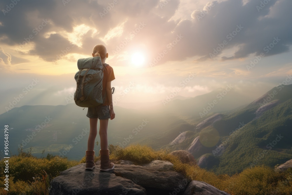 Fototapeta premium Beautiful View with Young Girl Hiking Through Nature Made with Generative AI