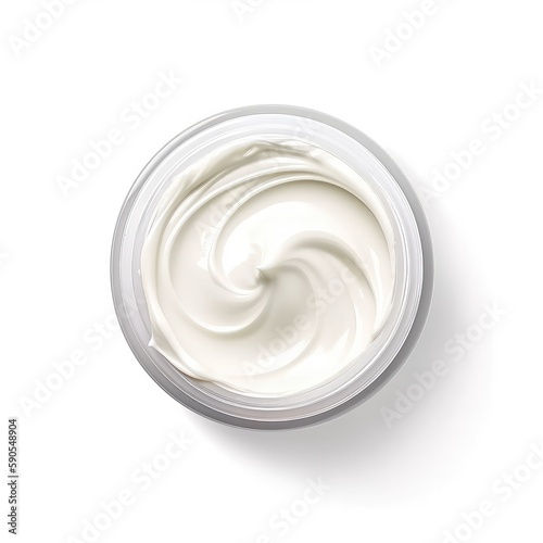 top view shot of cosmetic jar of white cream, isolated on white background, blank cosmetic product