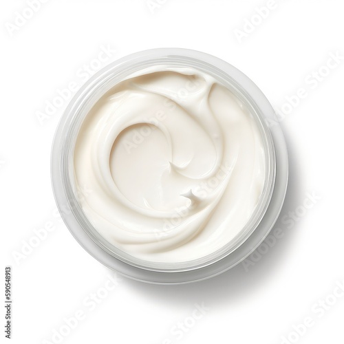 top view shot of cosmetic jar of white cream, isolated on white background, blank cosmetic product