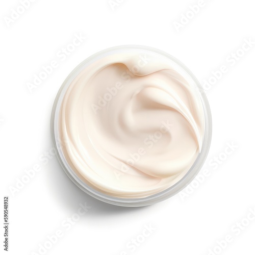 top view shot of cosmetic jar of white cream, isolated on white background, blank cosmetic product