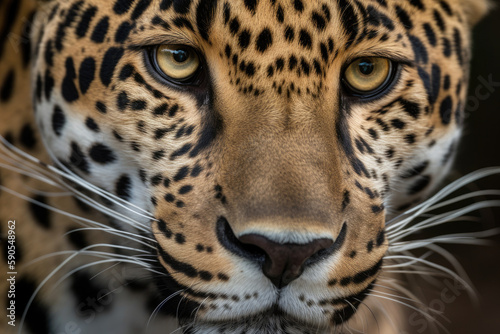 full frame close up piercing eyes of a magnificent exotic big cat or feline like a leopard, such as a central american jaguar or panthera onca, found in the pantanal of Brazil, generative AI © Kien